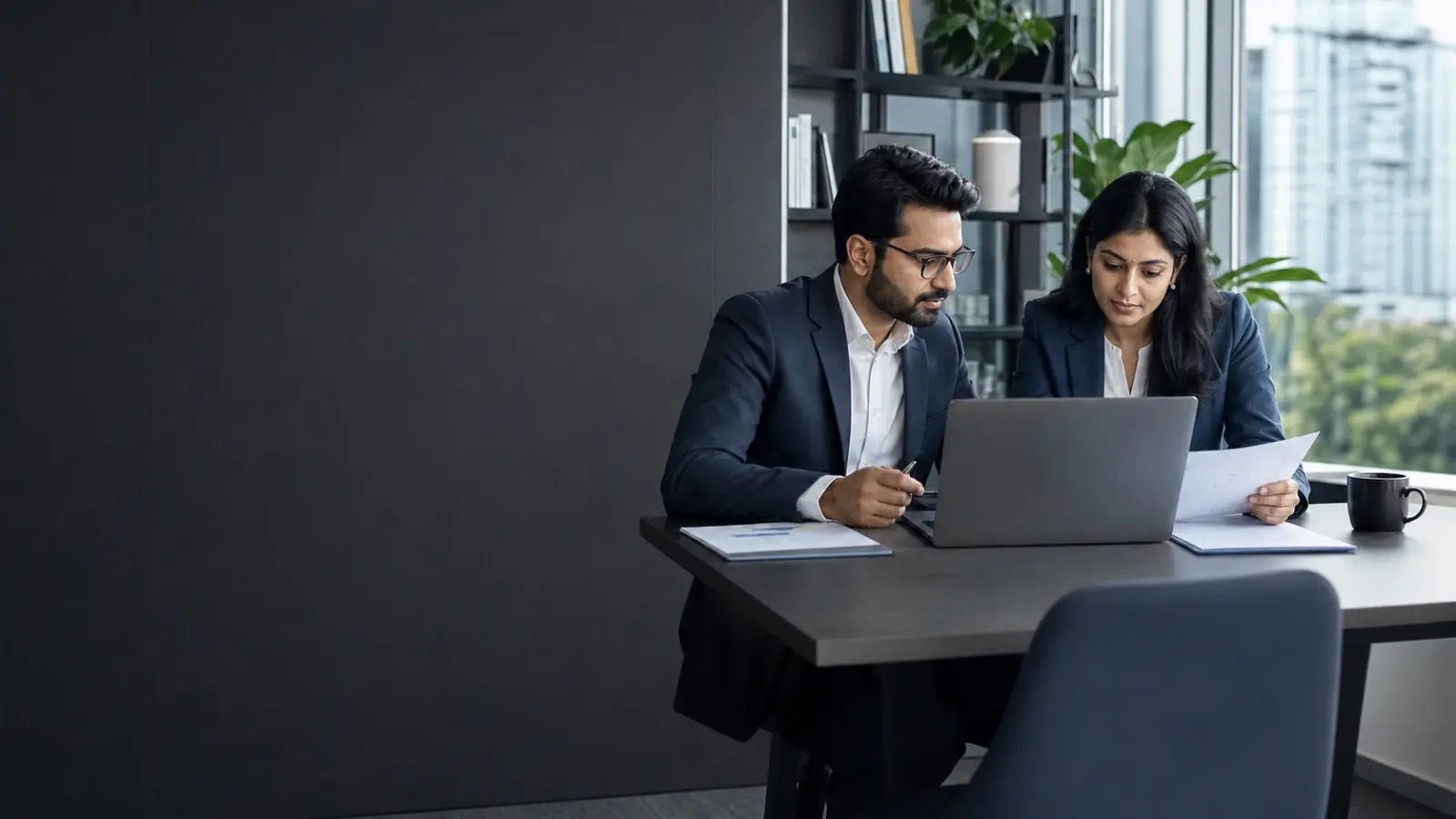 A chartered accountant and business finance lead reviewing records together